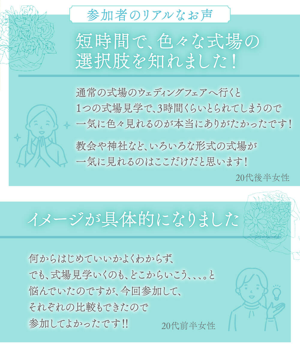 参加者のリアルなお声。短時間で色々な式場の選択肢を知れました。イメージが具体的になりました。